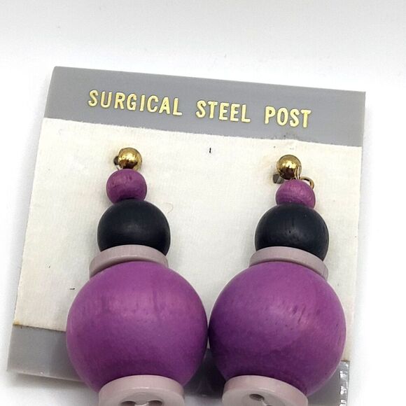 Lot Of 6 Artisan Wooden Button Earrings Purple 2in - Picture 1 of 5